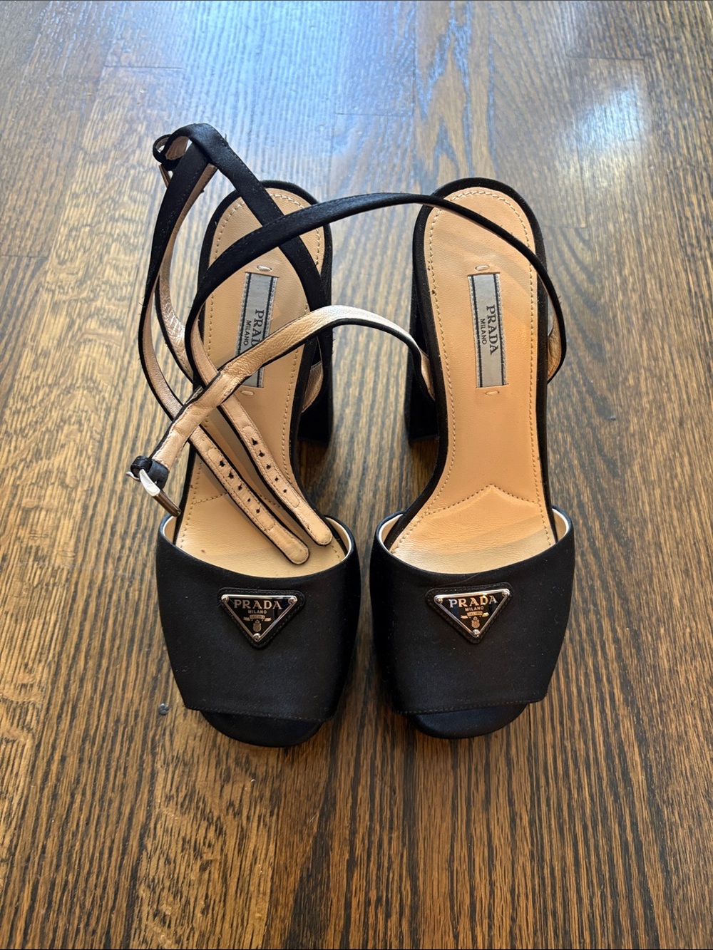 Prada Black Satin Slingback Heels with Triangular Logo Plaque